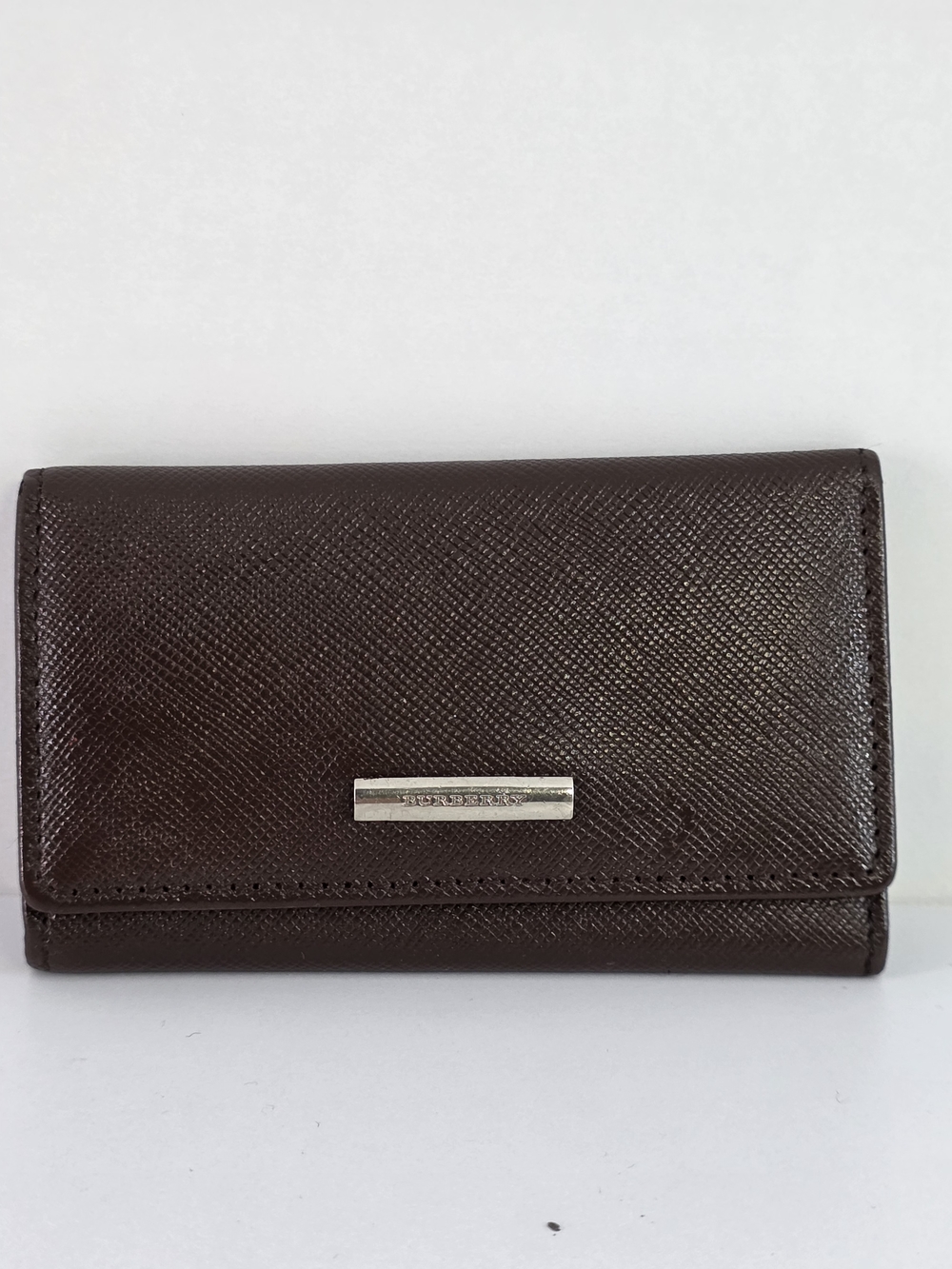 Burberry Dark Brown Keycase & Cardholder In Saffiano Leather W/ Silver Hardware